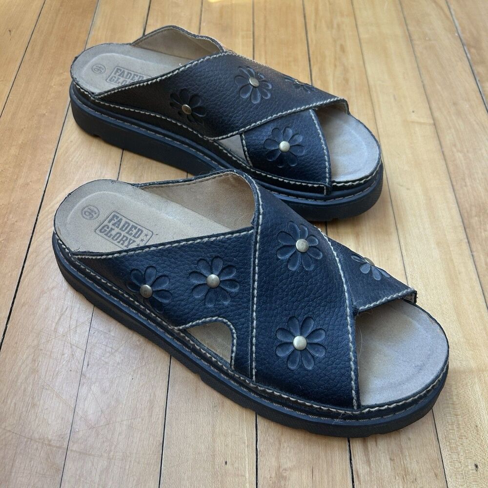 Faded Glory Womens Black Platform Daisy Floral Slide Sandals Vintage 90s Y2K 9.5